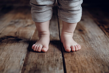 Wall Mural - Close-up of a toddler's feet standing on a wooden floor, with clearly visible flat arches, emphasizing early-stage flat feet.