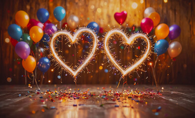 Poster - A couple of hearts are lit up with sparklers in the middle of a room full of balloons