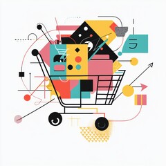 Poster - An abstract shopping cart composed of colorful geometric shapes and dynamic lines, showcasing a creative interpretation of consumerism. Generative AI