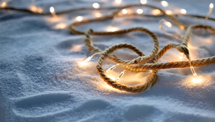 Fototapete - Small hemp ropes with mini LED lights are placed on artificial snow or a white surface