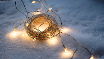 Fototapete - Small hemp ropes with mini LED lights are placed on artificial snow or a white surface