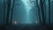 © Mr.Pancho Store - A misty forest with glowing eyes peeking through the trees, creating a dark, eerie atmosphere with a space in the middle for text.