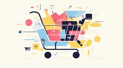 Aufkleber - Colorful geometric shapes and flowing lines form an abstract shopping cart, symbolizing modern commerce and creativity in design. Generative AI