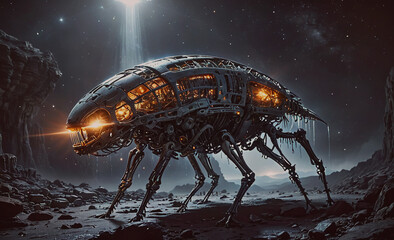 Poster - a robot with glowing eyes is walking on a rocky surface. the robot is surrounded by a dark, starry s