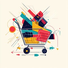 Aufkleber - An abstract representation of a shopping cart filled with vibrant geometric shapes showcasing the essence of contemporary consumerism. Generative AI