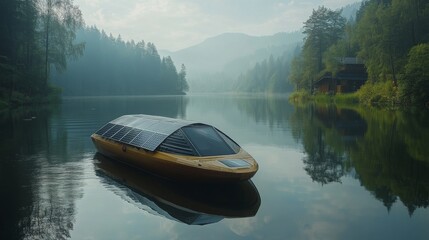 Aufkleber - A sleek solar-powered craft floats serenely on a tranquil lake while mist rises from the water, framed by lush green forests in the morning glow.