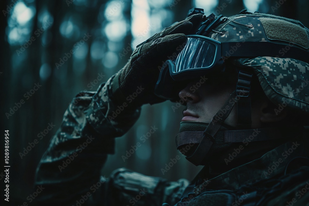 Soldier in camouflage uniform using advanced goggles for surveillance ...