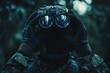 © Dmitry - Soldier in tactical gear using night vision goggles in a dense forest environment during a mission. Emphasis on surveillance and stealth. Design for posters, banners, or tactical operation concepts.