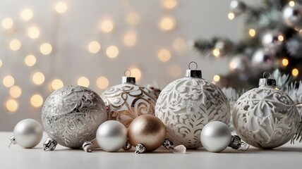 Wall Mural - Christmas ornaments and white trees creating festive atmosphere on white background