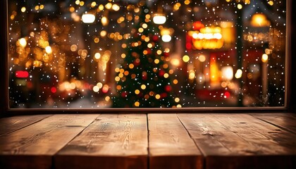Poster - Wooden Table Top With Christmas Tree And New Year Decorations On Blurred Background With Snowfall, Perfect For Product Display Or Montage.