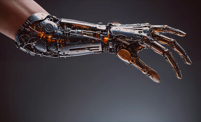 Aufkleber - A robotic hand with a metal arm and a metal wrist. The hand is pointing to something. The image has a futuristic and mechanical feel to it
