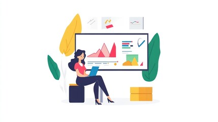 Poster - Woman Analyzing Data Graphs On Laptop Screen