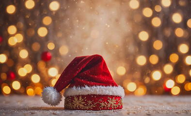 Poster - A festive red hat with a white band and a white pom pom sits on a snowy surface, creating a warm and cozy atmosphere. The hat is a perfect symbol of the holiday season, and its bright colors