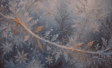 Poster - A painting of a snowy landscape with a branch and leaves. The branch is covered in snow and has a gold leaf on it. The leaves are also covered in snow and there are many snowflakes in the painting
