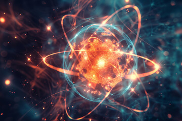 Poster - this composition features a glowing atom at its center, with energetic waves radiating outward. the 