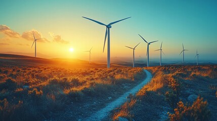 Wall Mural - A peaceful sunset enhances the beauty of a wind farm, where towering turbines line a winding path through lush grassy fields, inviting exploration.