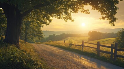 Poster - Serene Country Road Sunset Golden Hour Landscape