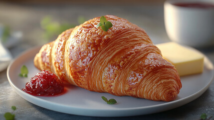 Wall Mural - Enjoying a flaky traditional French croissant with jam and butter at a cozy cafe