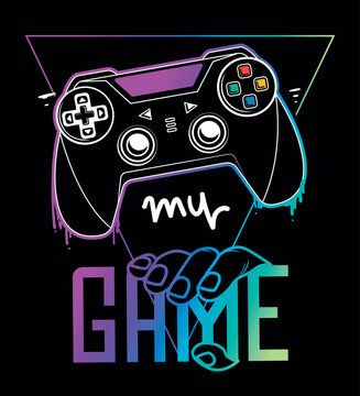 Abstract seamless gamepad pattern with text My game an hand on black background, neon triangle sign. Tee print with gamepad. T shirt design for boy