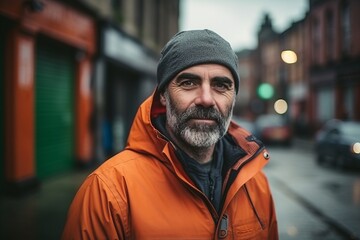 Wall Mural - Portrait of an old man with a gray beard and mustache in an orange jacket on a city street