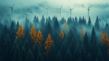 Poster - Autumn colors emerge amidst the dense, fog-covered forest. Tall evergreen trees surround several wind turbines, creating a serene atmosphere.