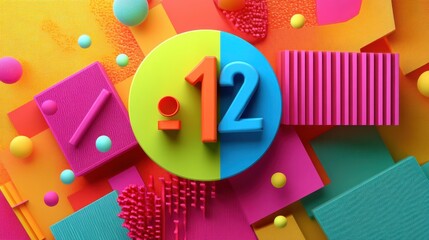 Poster - Colorful, abstract composition with the number 12 in the center, surrounded by various shapes, textures, and patterns
