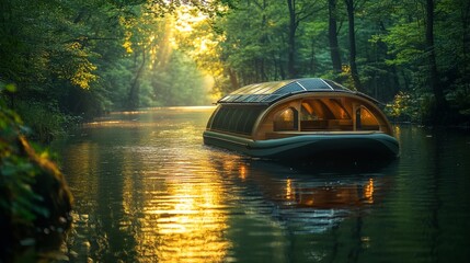 Poster - A sleek houseboat navigates peacefully along a serene river, illuminated by soft golden rays filtering through the surrounding trees at dusk.