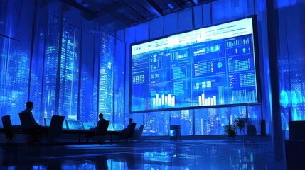 Poster - Nighttime Control Room Workers Monitoring City Data