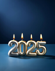 Fototapete - A gold or silver 2025 candle is placed on a dark blue background