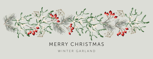 Wall Mural - christmas garland, text, gray background. mistletoe, green pine twigs, red berries. winter nature de