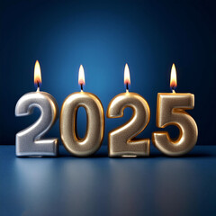 Fototapete - A gold or silver 2025 candle is placed on a dark blue background