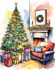 Wall Mural - A cozy living room scene with a Christmas tree, fireplace, and presents