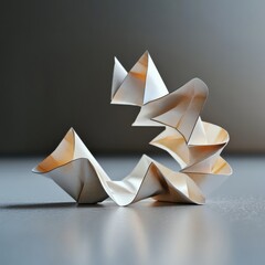 Aufkleber - Intricate paper sculpture formed with folds and twists is illuminated by soft natural light, creating shadows on a smooth surface. Generative AI