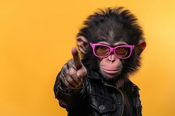 Wall Mural - stylish chimpanzee wearing pink glasses and a black leather jacket, confidently pointing against a b