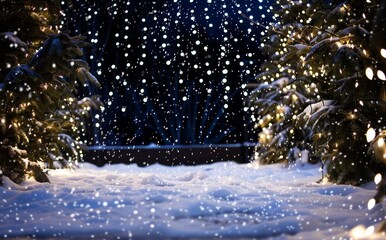 Wall Mural - with lights on a dark blue background with falling snowflakes. A New Year and Christmas night scene. Elegant Winter Wonderland: Green and Gold Festive Background