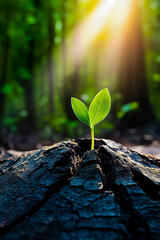 Wall Mural - A close-up of a small, vibrant green sprout emerging from a cracked, withered tree trunk in a forest.