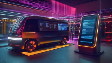 Poster - A futuristic, silver bus with large windows and screens is showcased on a platform in a modern setting. The bus is illuminated by neon lights of purple and orange.