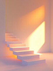 Poster - Gentle sunlight streams through a large window, illuminating a minimalist staircase in a serene, empty space. Generative AI