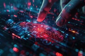 Fototapete - Digital fingerprint recognition technology showcasing a hand touching a holographic fingerprint on a futuristic interface