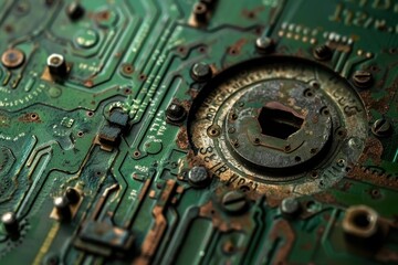 Aufkleber - Close examination of an aged circuit board highlighting rusty components and intricate patterns in electronic technology