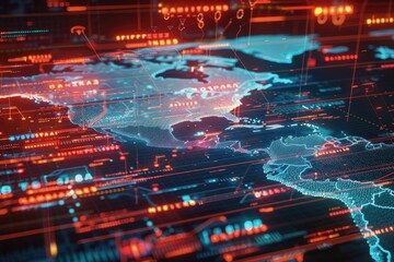 Aufkleber - Visual representation of a digital world map with glowing connections and data flow in vibrant blue and red colors