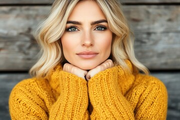 Wall Mural - Blonde caucasian young female in yellow sweater against wood background