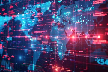 Poster - Visual representation of a digital world map with glowing connections and data flow in vibrant blue and red colors