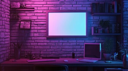 Poster - Neon Lit Brick Wall Workspace With Blank Frame