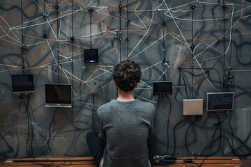 Fototapete - Person analyzing data on multiple computer screens in a dark room filled with technology at night