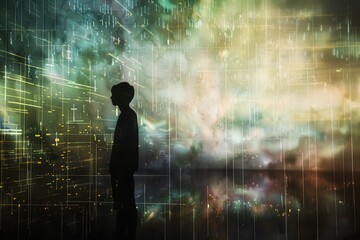 Fototapete - Person stands in front of colorful digital screen creating a vibrant contrast with their silhouette in a dark urban setting