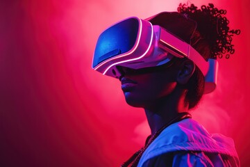 Leinwandbilder - Person wearing virtual reality headset with neon lights illuminating the dark environment at an entertainment venue during the evening
