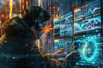 Aufkleber - Tech enthusiast engaged in coding at a computer surrounded by vibrant digital enhancements during late hours
