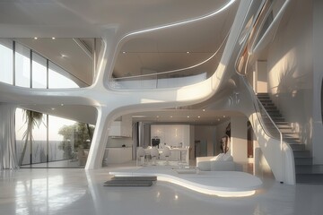 Aufkleber - Modern architecture showcases fluid design elements in a spacious interior with natural light in the late afternoon