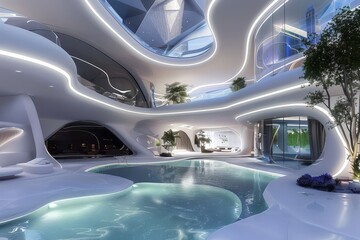 Aufkleber - Modern architecture showcases fluid design elements in a spacious interior with natural light in the late afternoon